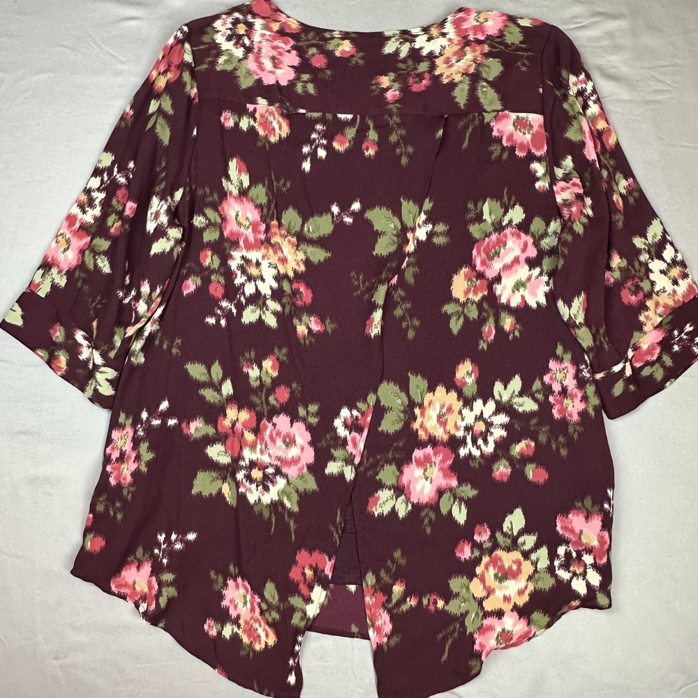 Women Tulip Back Top 2X Burgundy Pink Floral Print 3/4 Sleeve Tunic Dark Cottage - Picture 2 of 13